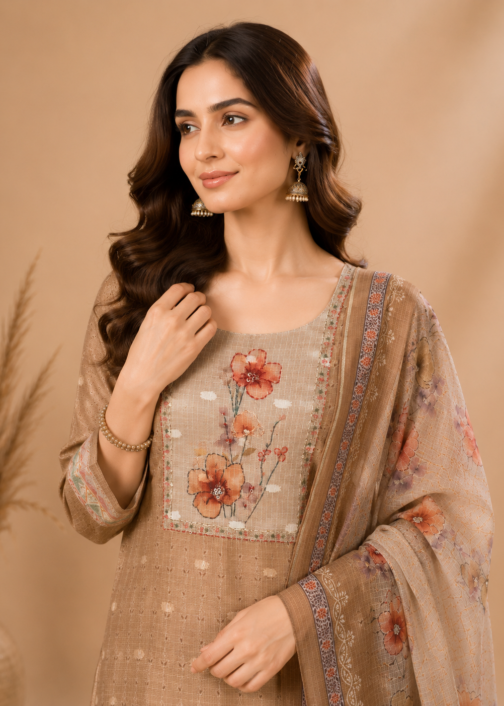 Sandstone Bloom Floral Printed Natural Crepe Kurta Pant Set with Dupatta