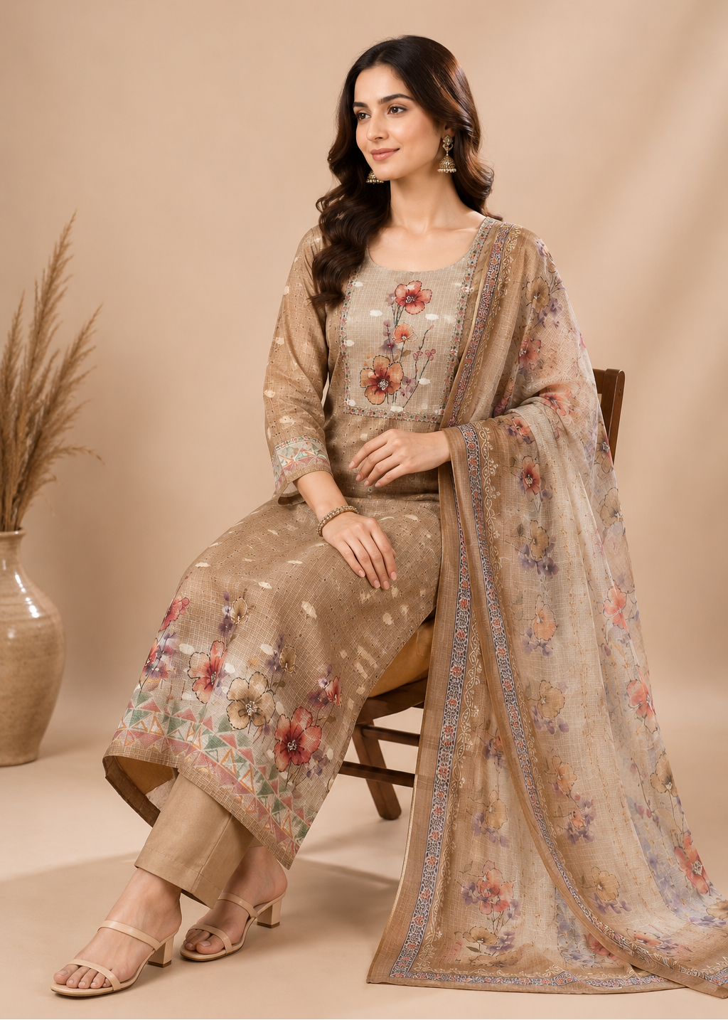 Sandstone Bloom Floral Printed Natural Crepe Kurta Pant Set with Dupatta