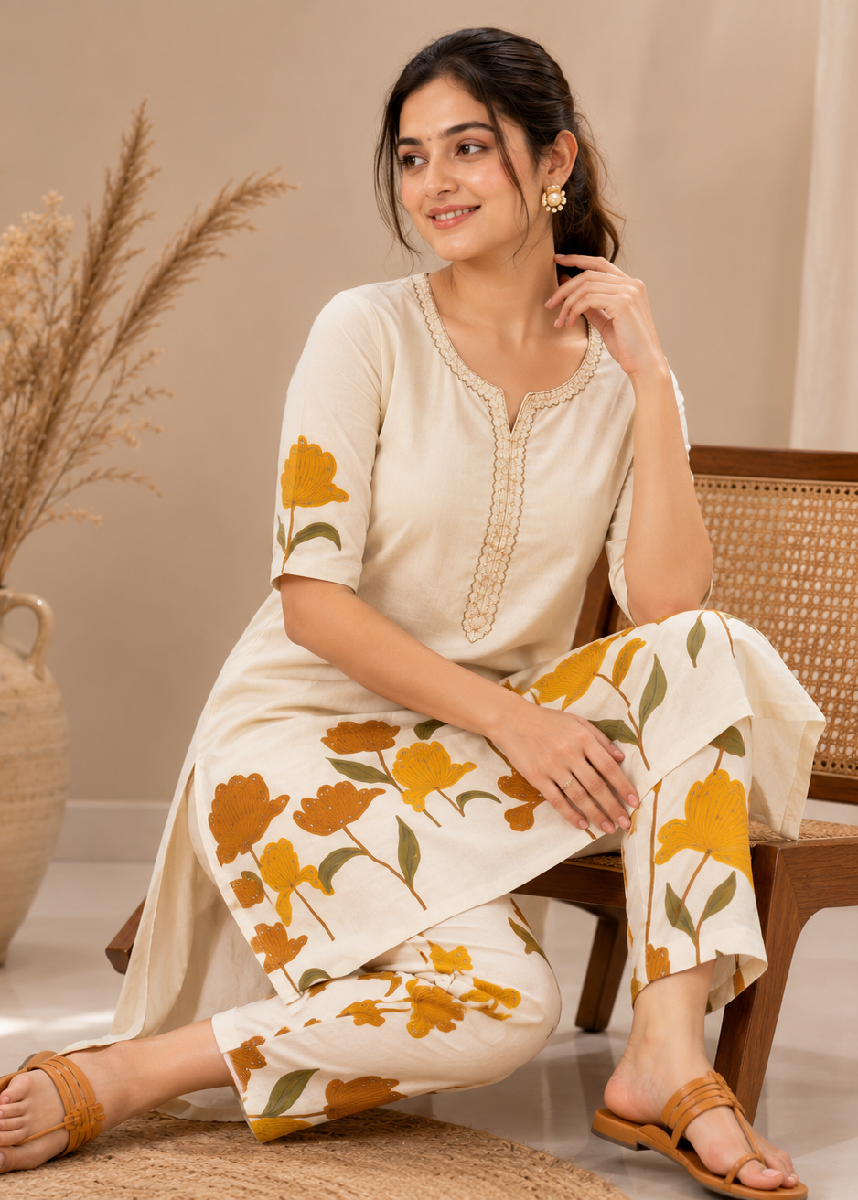 Sunflower Meadow Co-Ord Set in Ivory Bloom