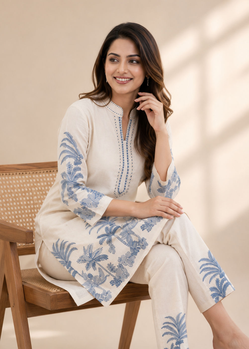 Ivory Blue Tropical Print Cotton Co-Ord Set