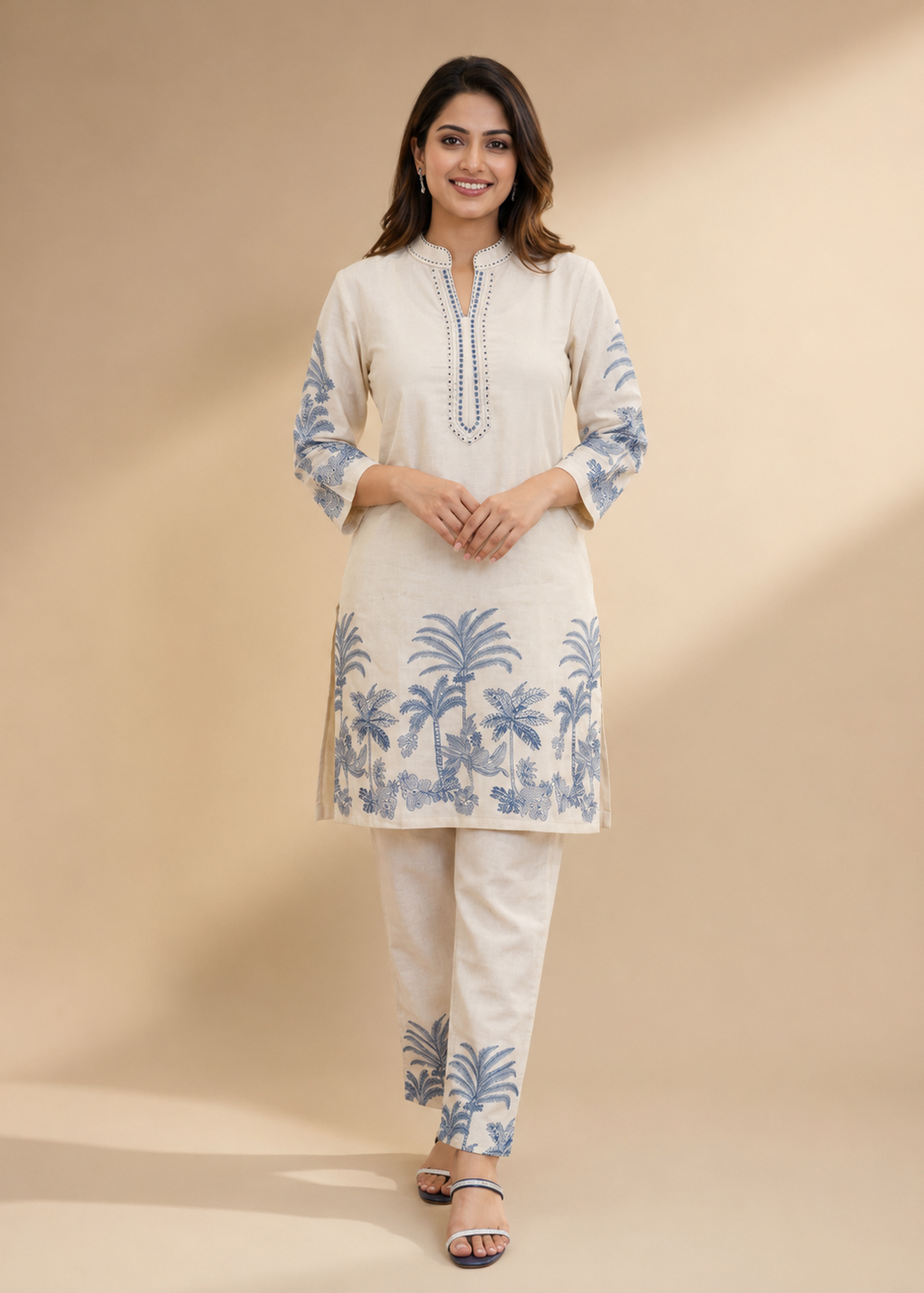 Ivory Blue Tropical Print Cotton Co-Ord Set