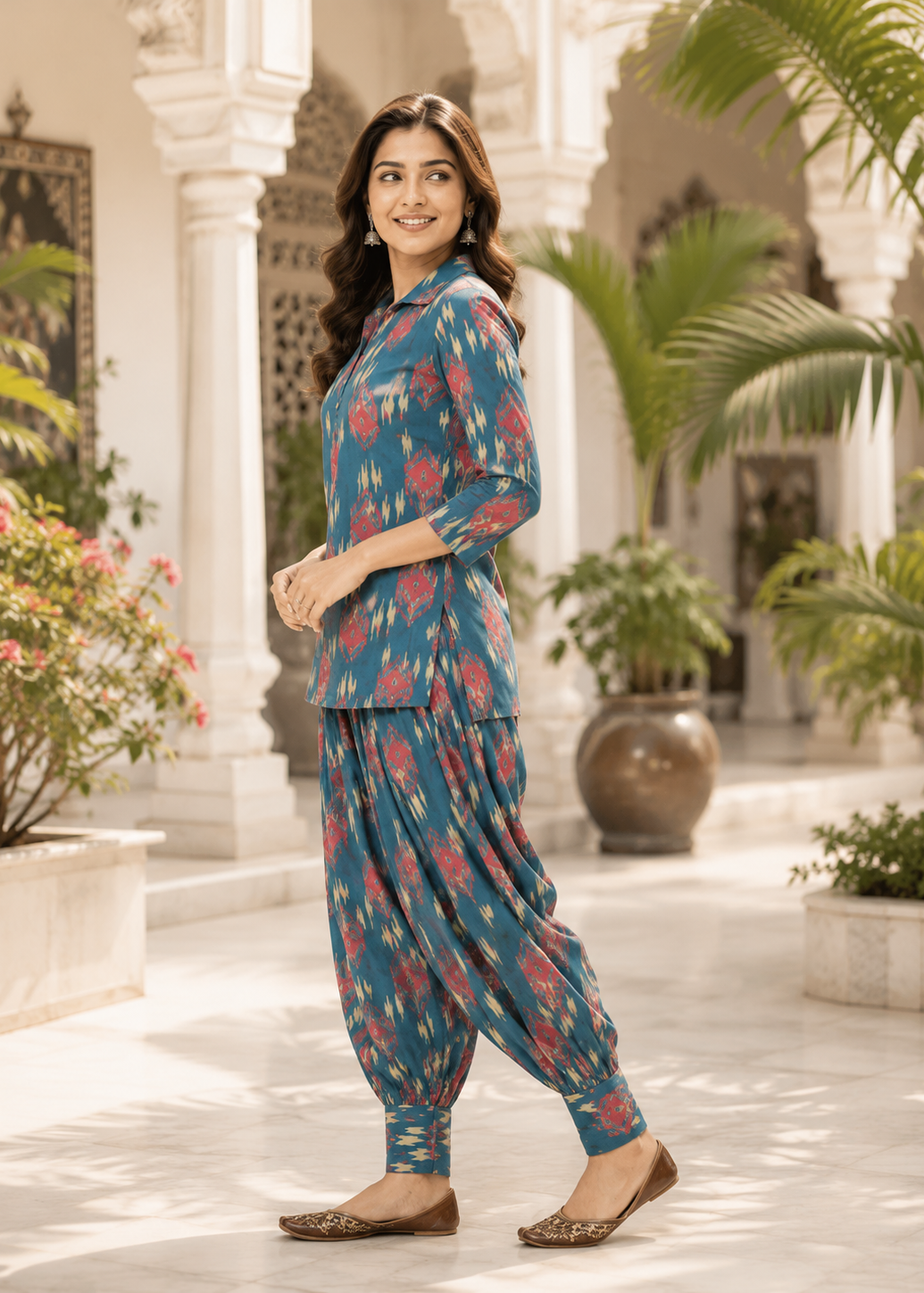 Teal Blue Ikat Print Co-Ord Set