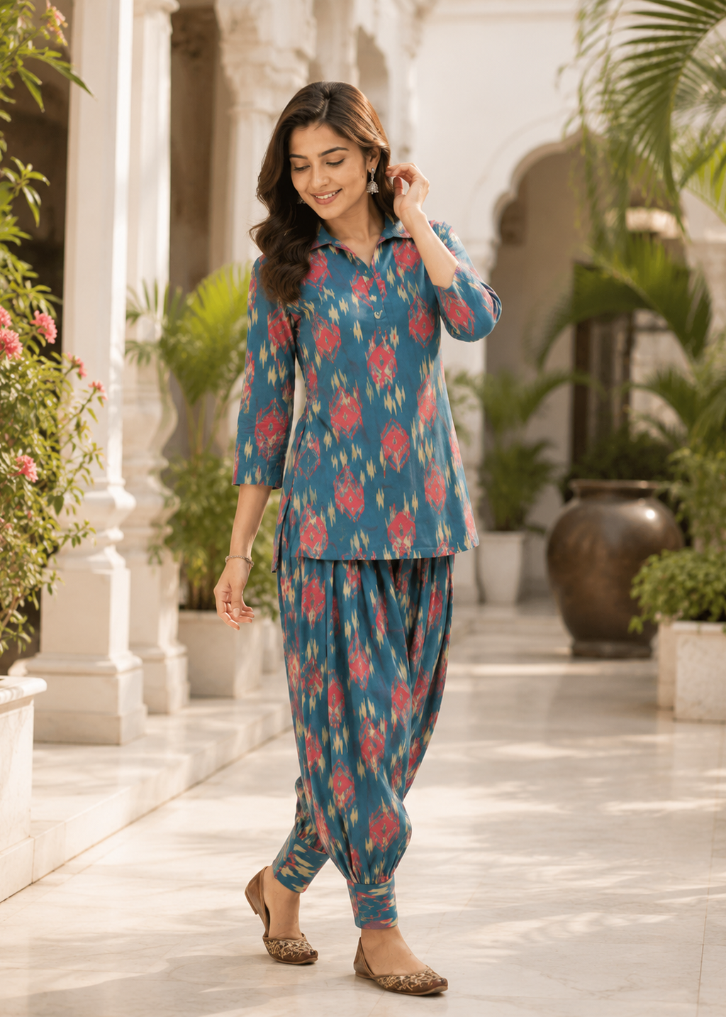 Teal Blue Ikat Print Co-Ord Set