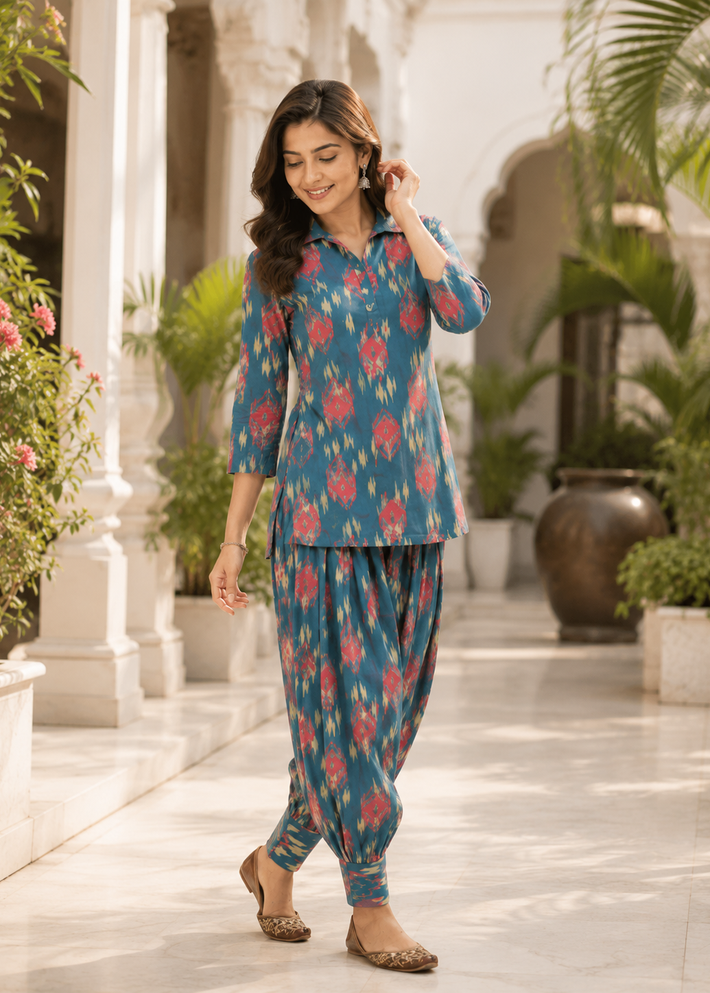 Teal Blue Ikat Print Co-Ord Set