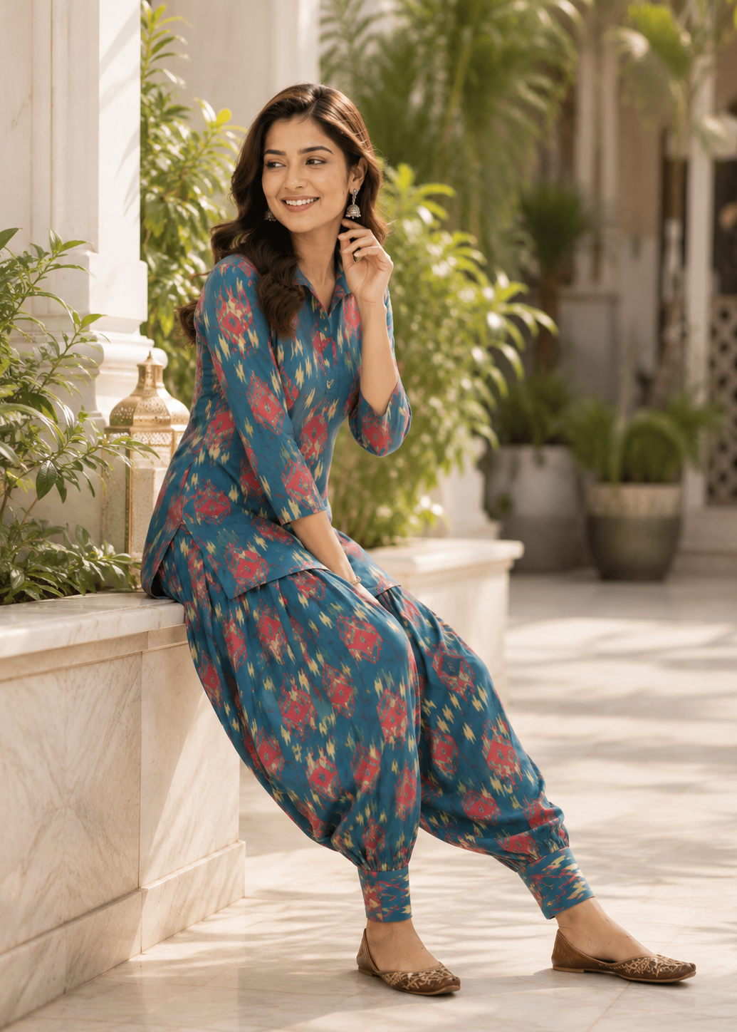 Teal Blue Ikat Print Co-Ord Set