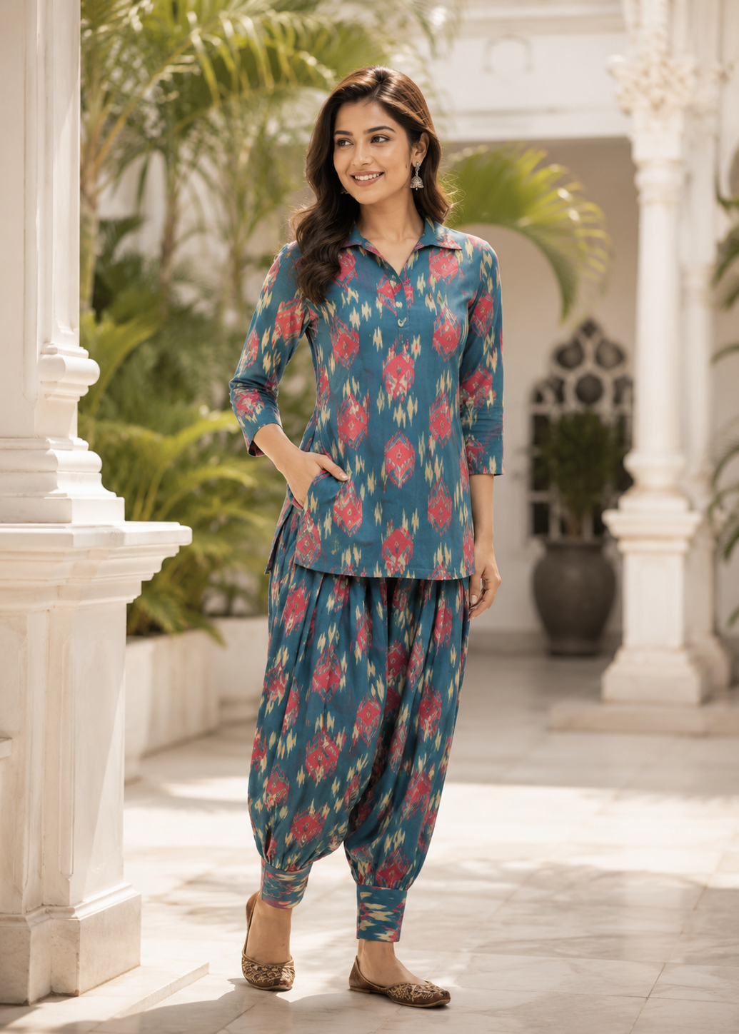 Teal Blue Ikat Print Co-Ord Set