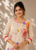 Beige Floral Printed Cotton Co-Ord Set
