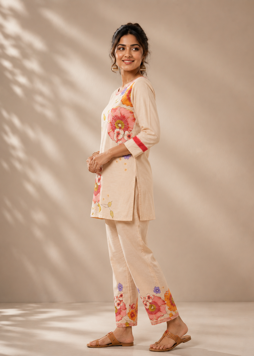 Beige Floral Printed Cotton Co-Ord Set