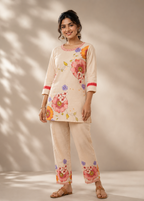 Beige Floral Printed Cotton Co-Ord Set