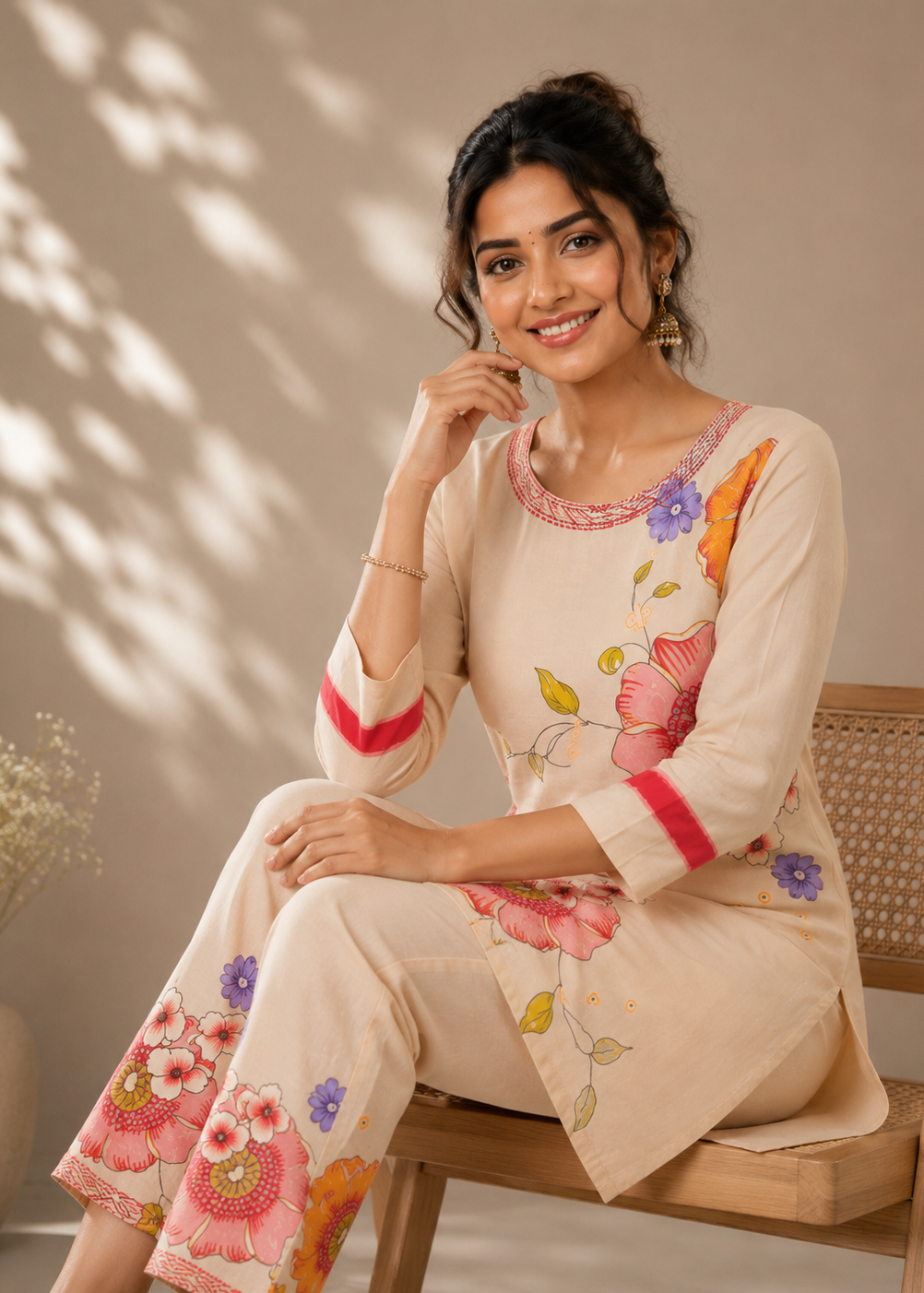 Beige Floral Printed Cotton Co-Ord Set