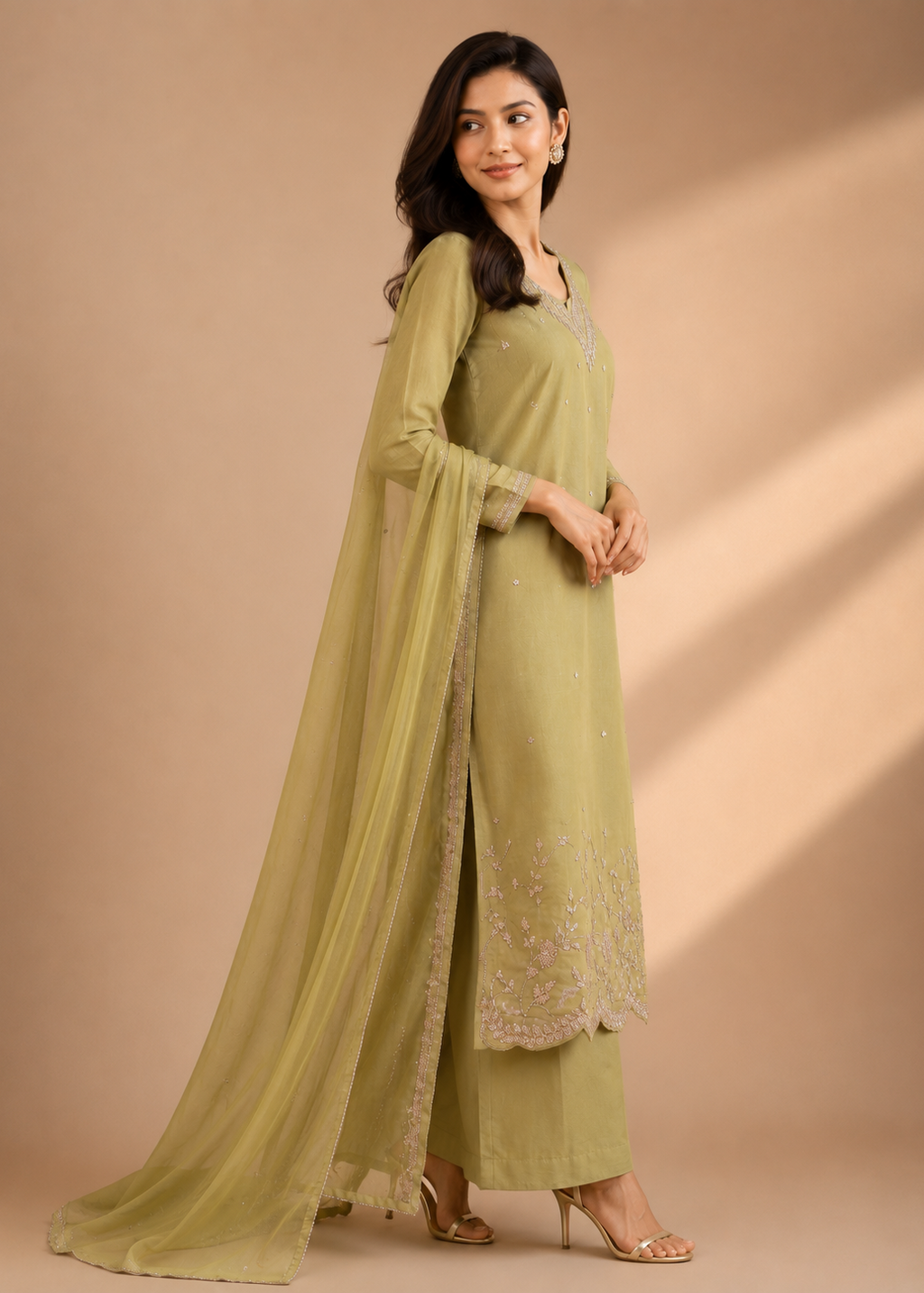 Pistachio Green Embroidered Kurta Set with Organza Dupatta