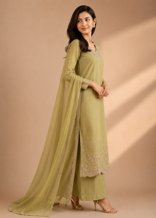Pistachio Green Embroidered Kurta Set with Organza Dupatta
