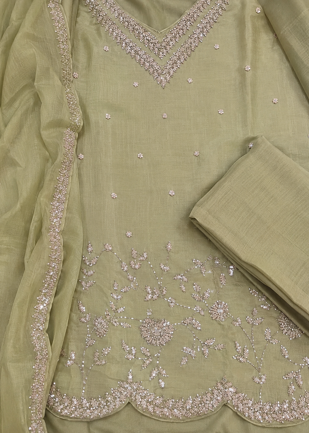 Pistachio Green Embroidered Kurta Set with Organza Dupatta