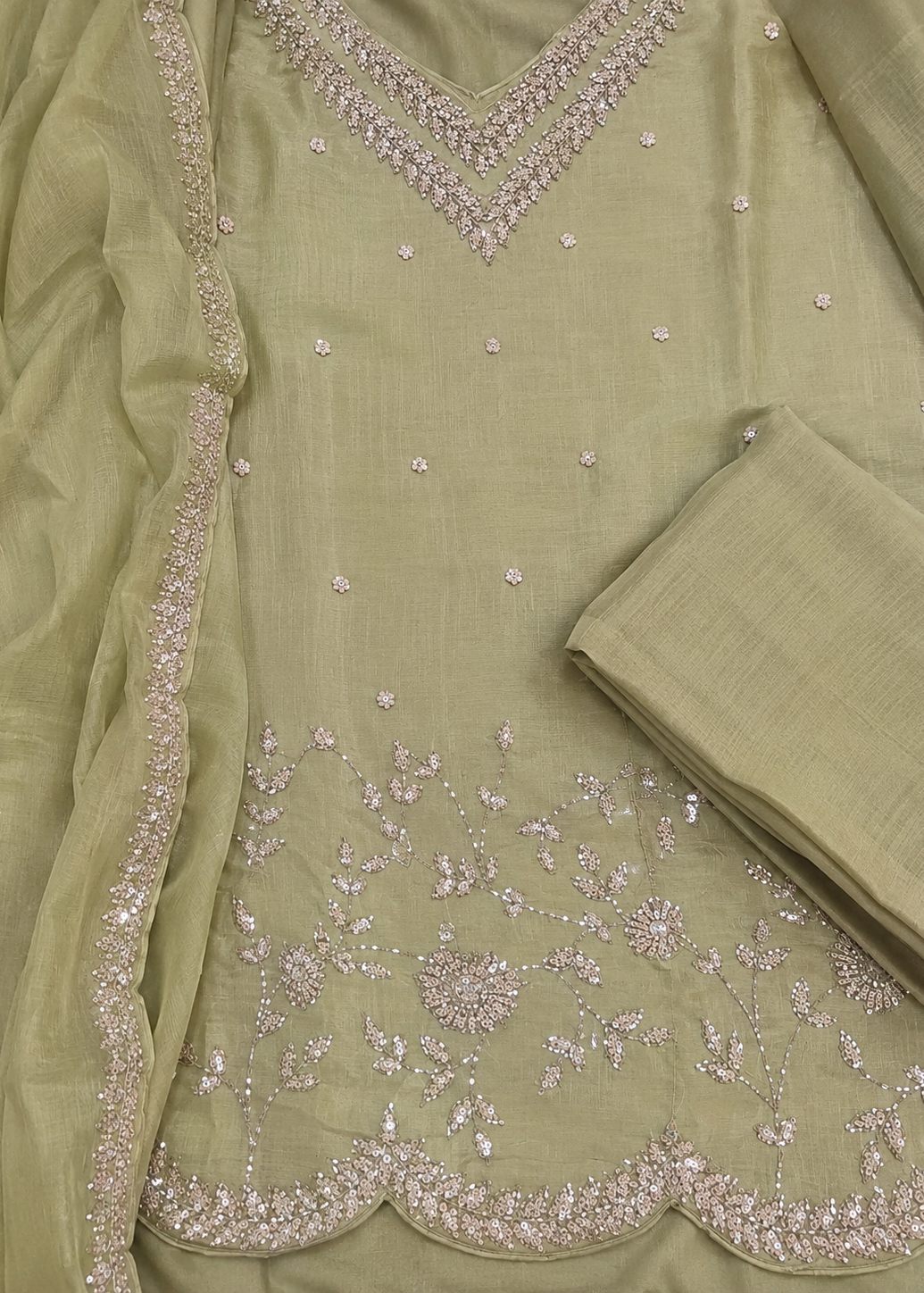Pistachio Green Embroidered Kurta Set with Organza Dupatta