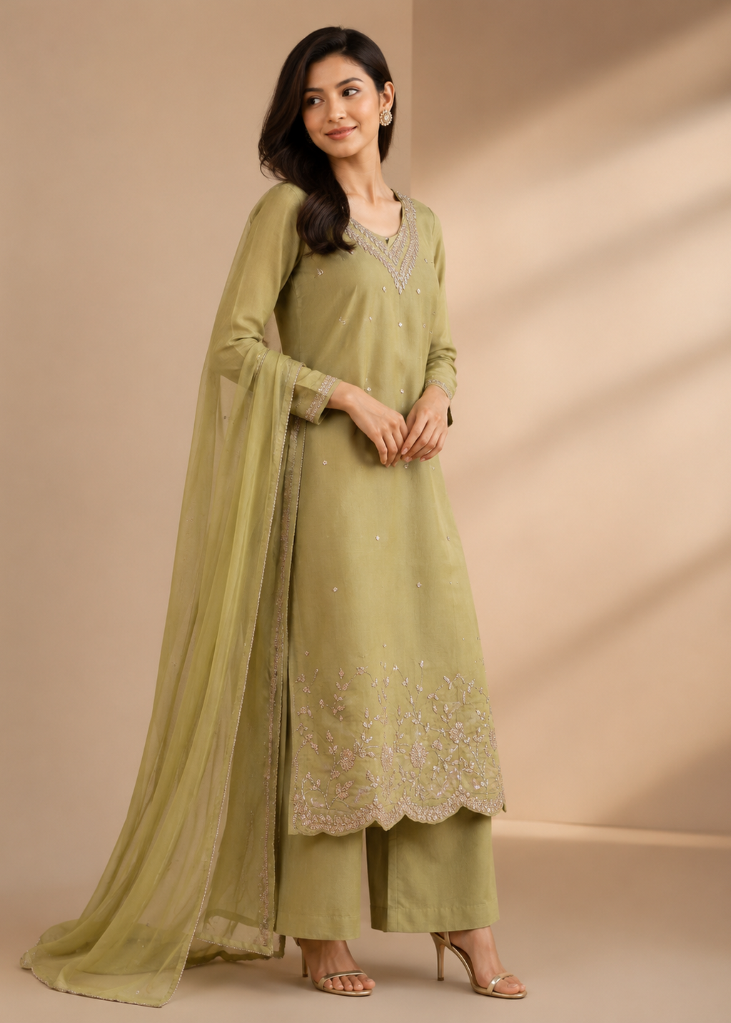 Pistachio Green Embroidered Kurta Set with Organza Dupatta