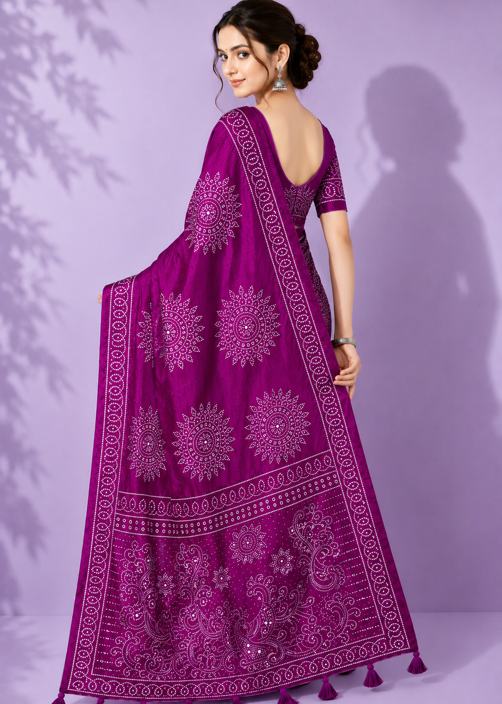 Royal Magenta Bandhani Inspired Satin Silk Saree with Tassel Pallu