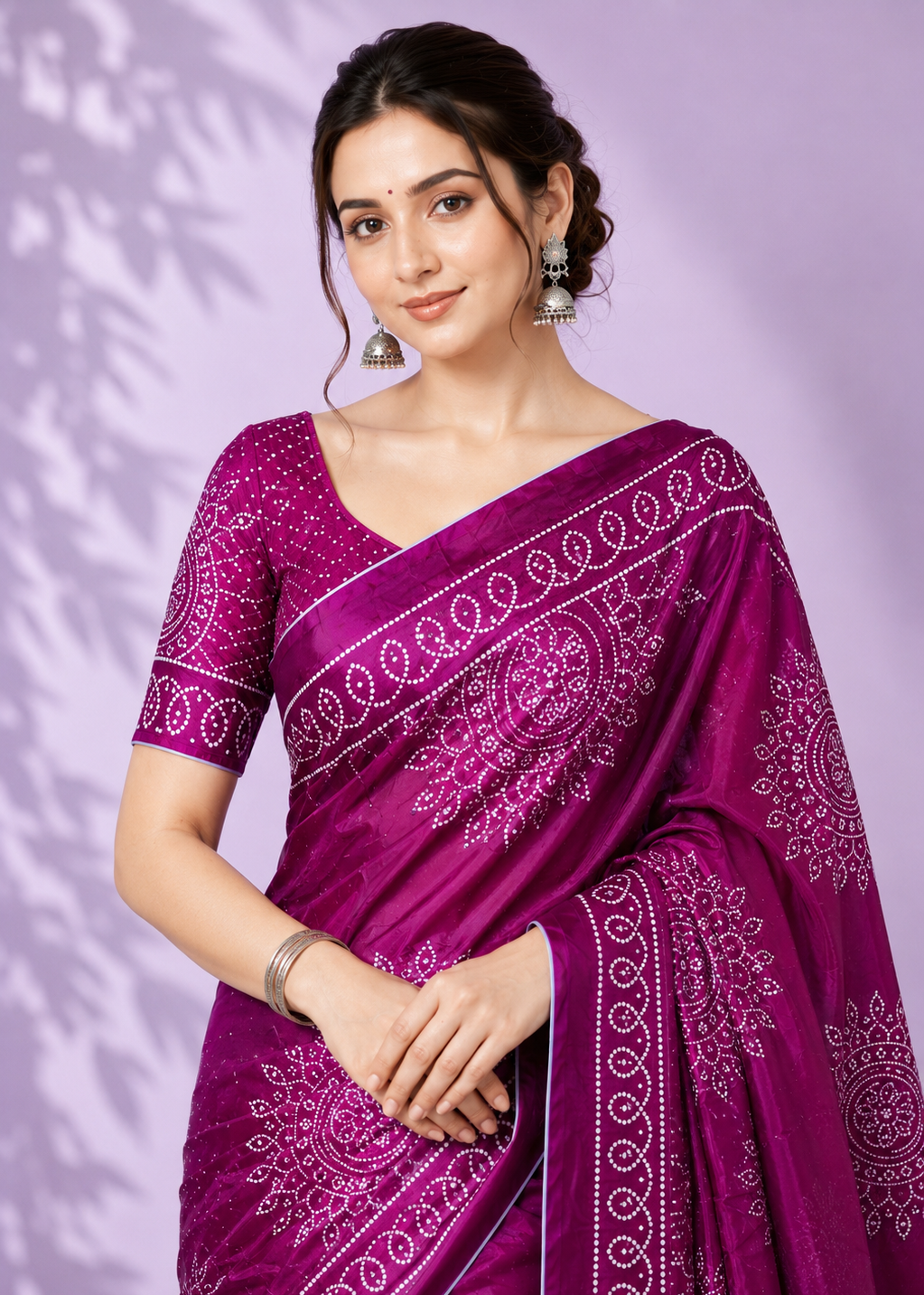 Royal Magenta Bandhani Inspired Satin Silk Saree with Tassel Pallu