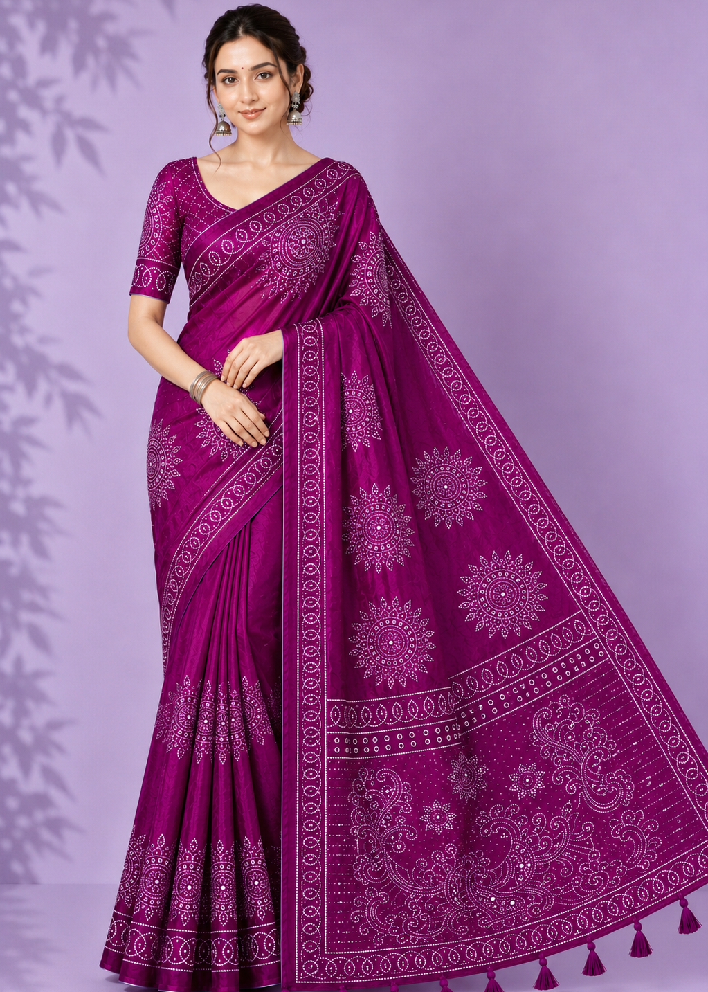 Royal Magenta Bandhani Inspired Satin Silk Saree with Tassel Pallu