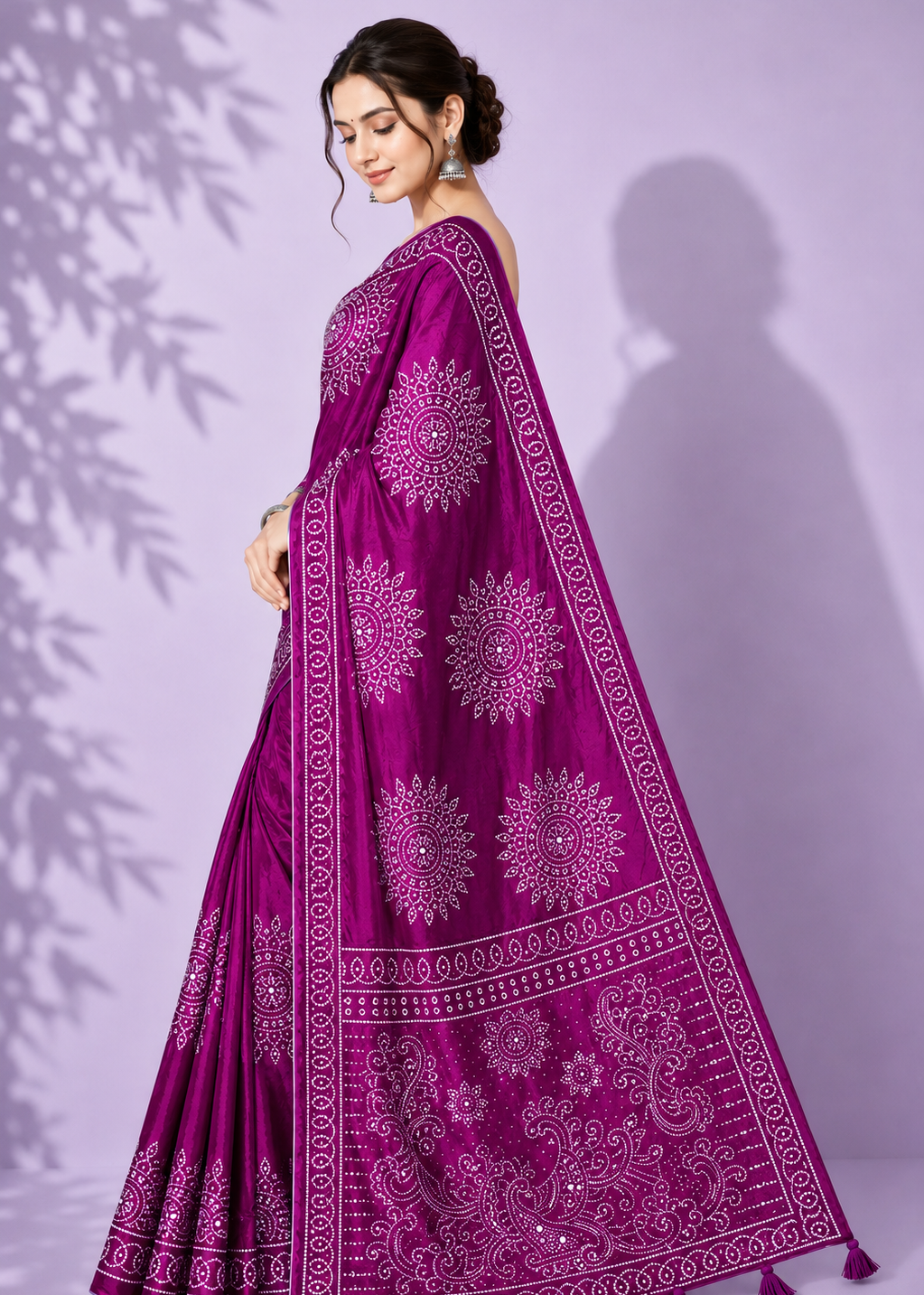 Royal Magenta Bandhani Inspired Satin Silk Saree with Tassel Pallu