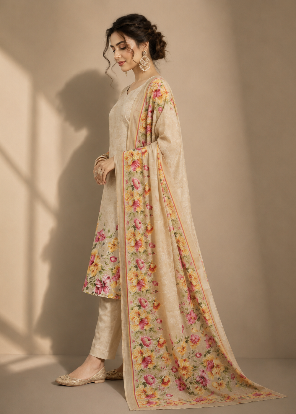 Ivory Bloom Floral Printed Cotton Kurta Set with Dupatta