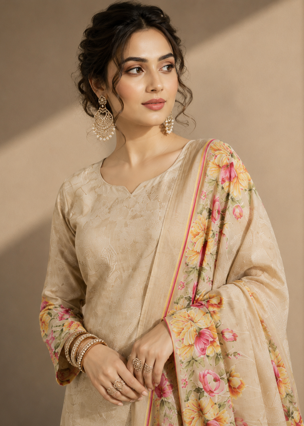 Ivory Bloom Floral Printed Cotton Kurta Set with Dupatta