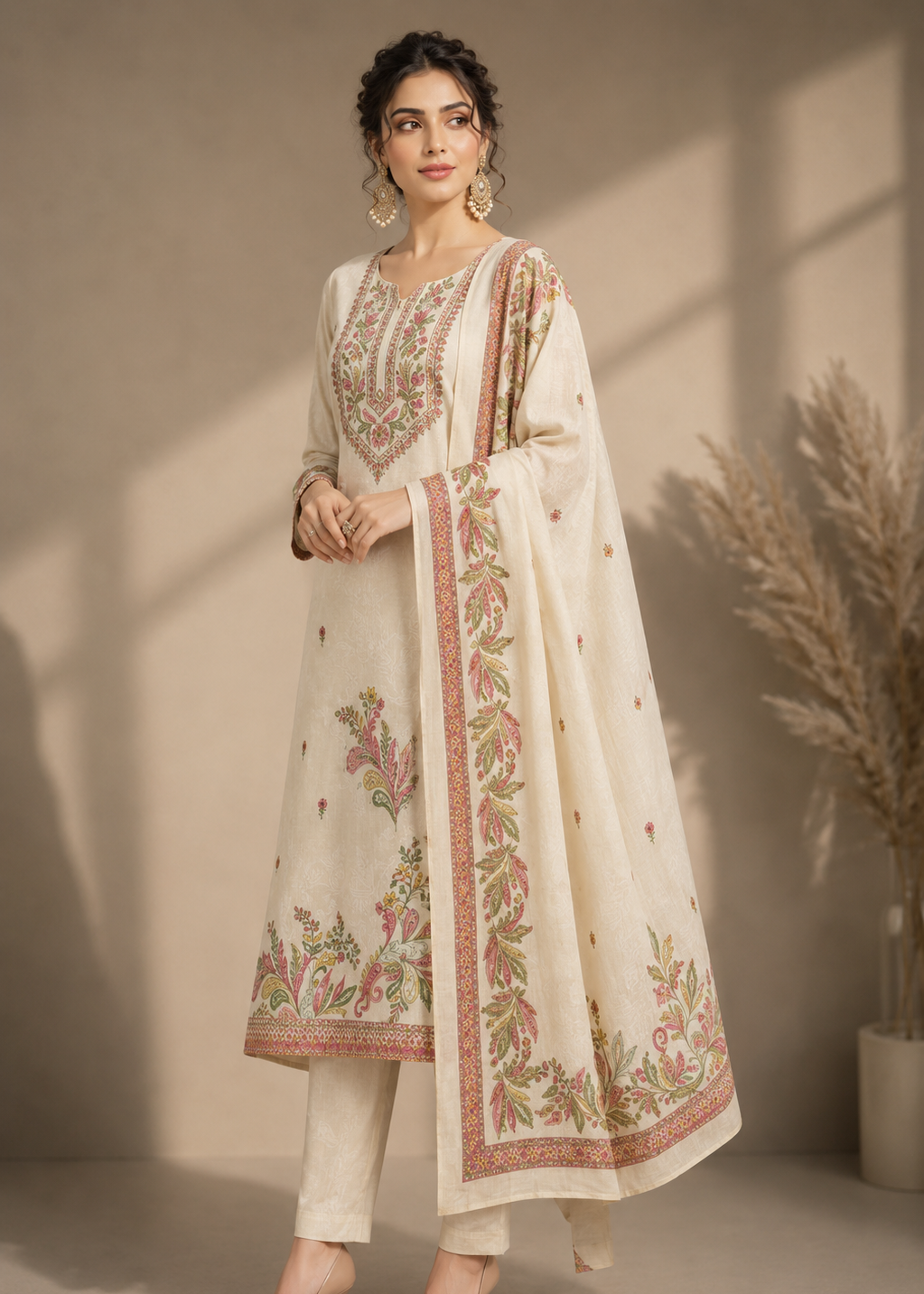 Ivory Gulnaar Floral Printed Kurta Set with Dupatta
