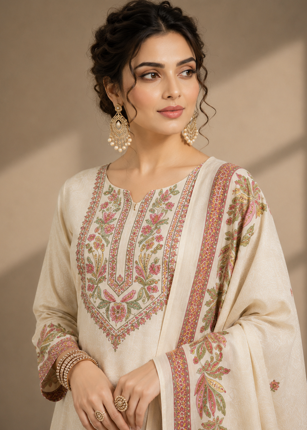 Ivory Gulnaar Floral Printed Kurta Set with Dupatta