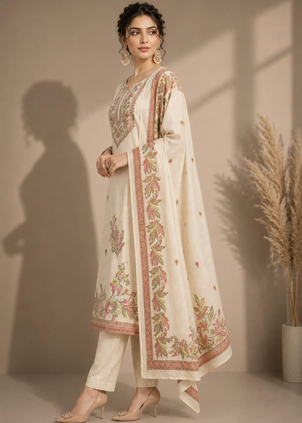 Ivory Gulnaar Floral Printed Kurta Set with Dupatta