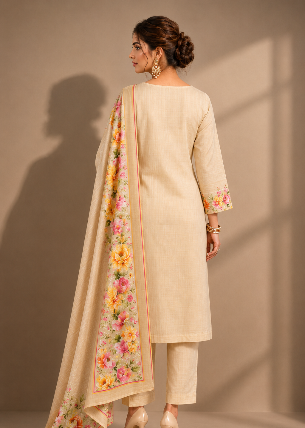 Ecru Floral Symphony Kurta Pant Set with Dupatta