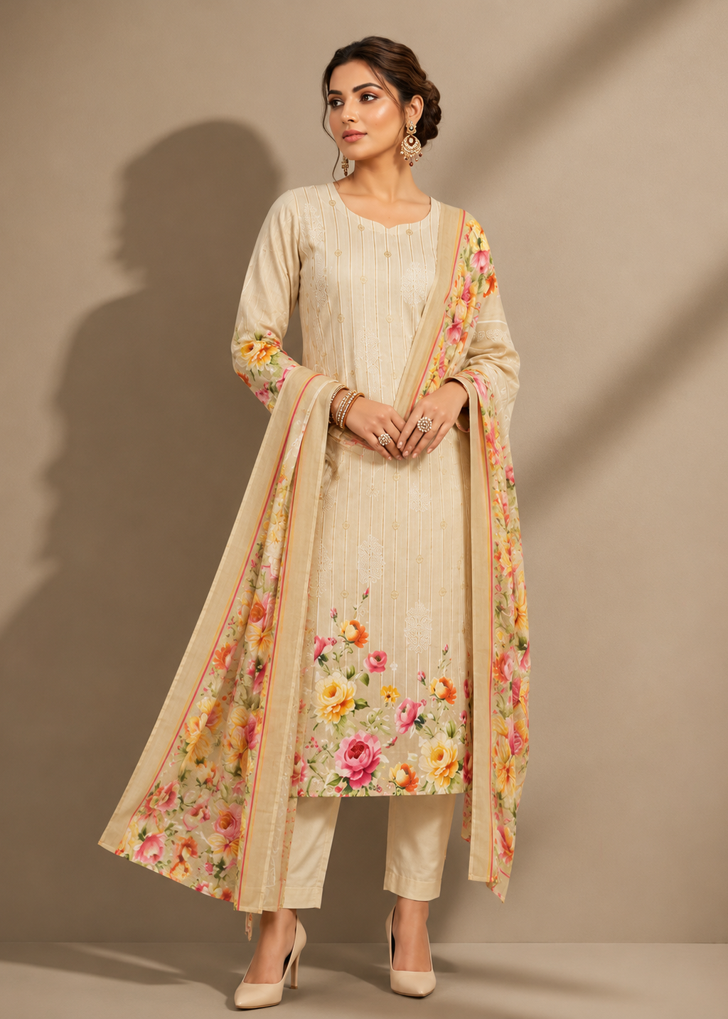 Ecru Floral Symphony Kurta Pant Set with Dupatta