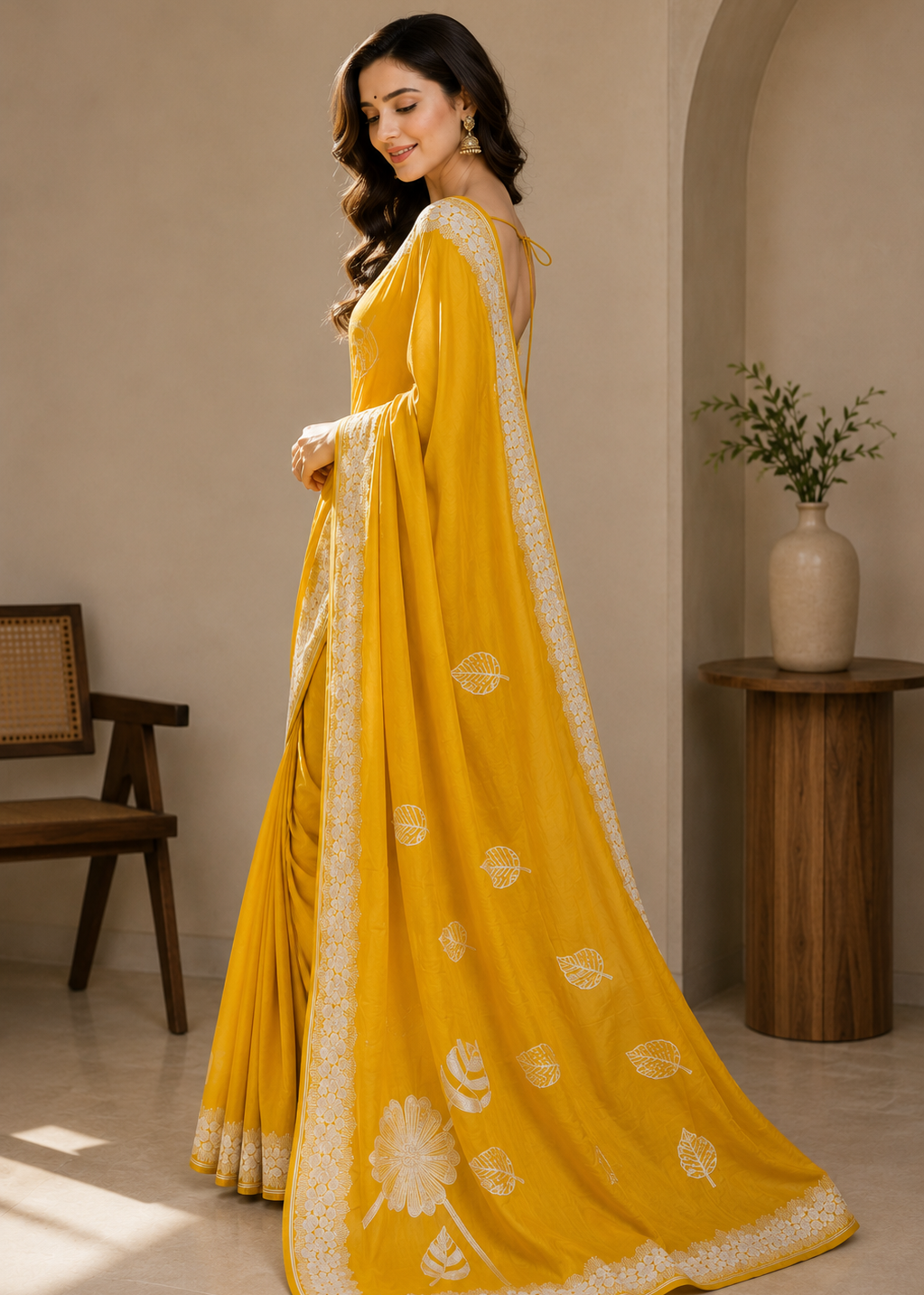 Sunlit Bloom Yellow Embroidered Viscose Silk Saree with Floral & Leaf Motifs