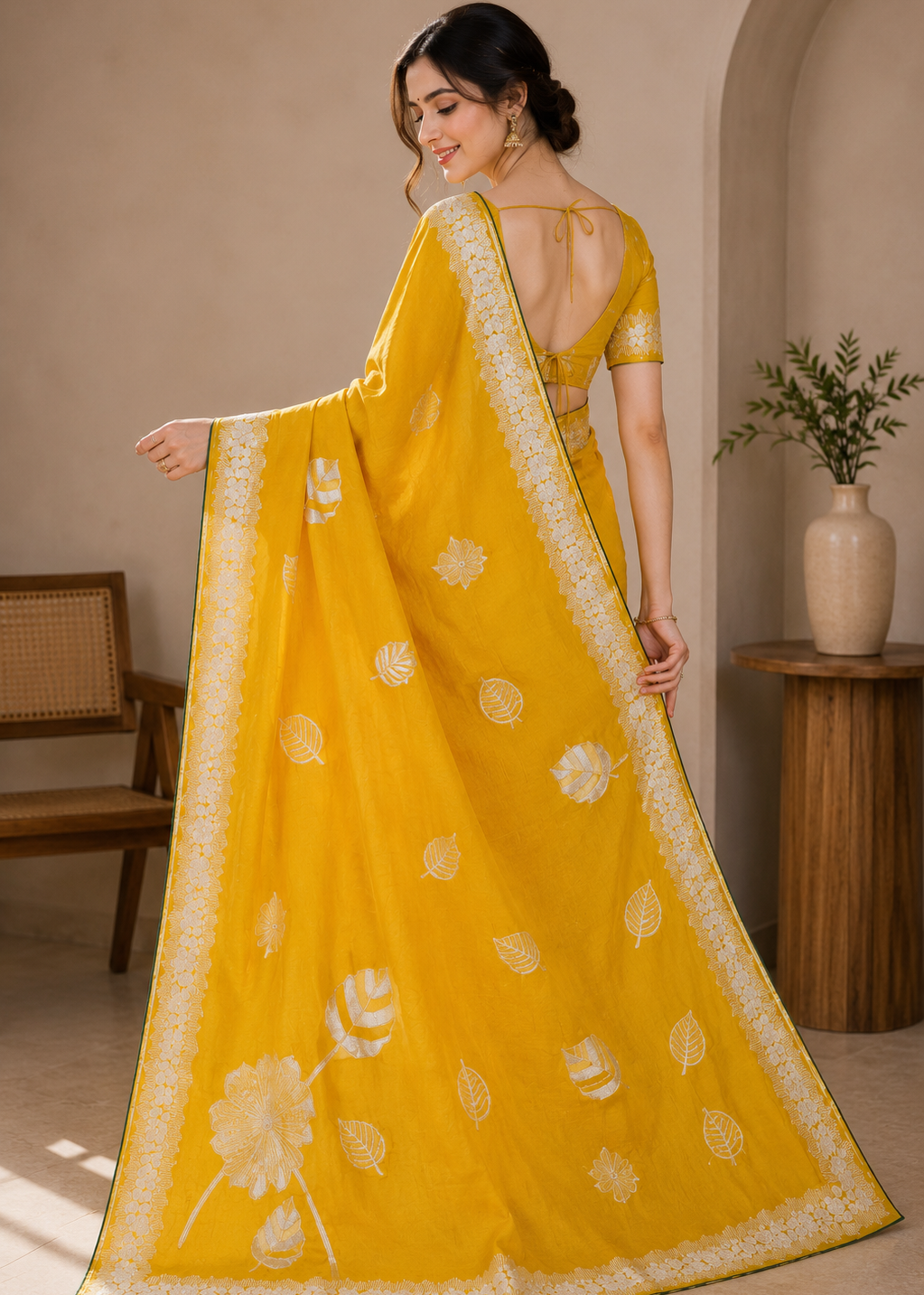 Sunlit Bloom Yellow Embroidered Viscose Silk Saree with Floral & Leaf Motifs