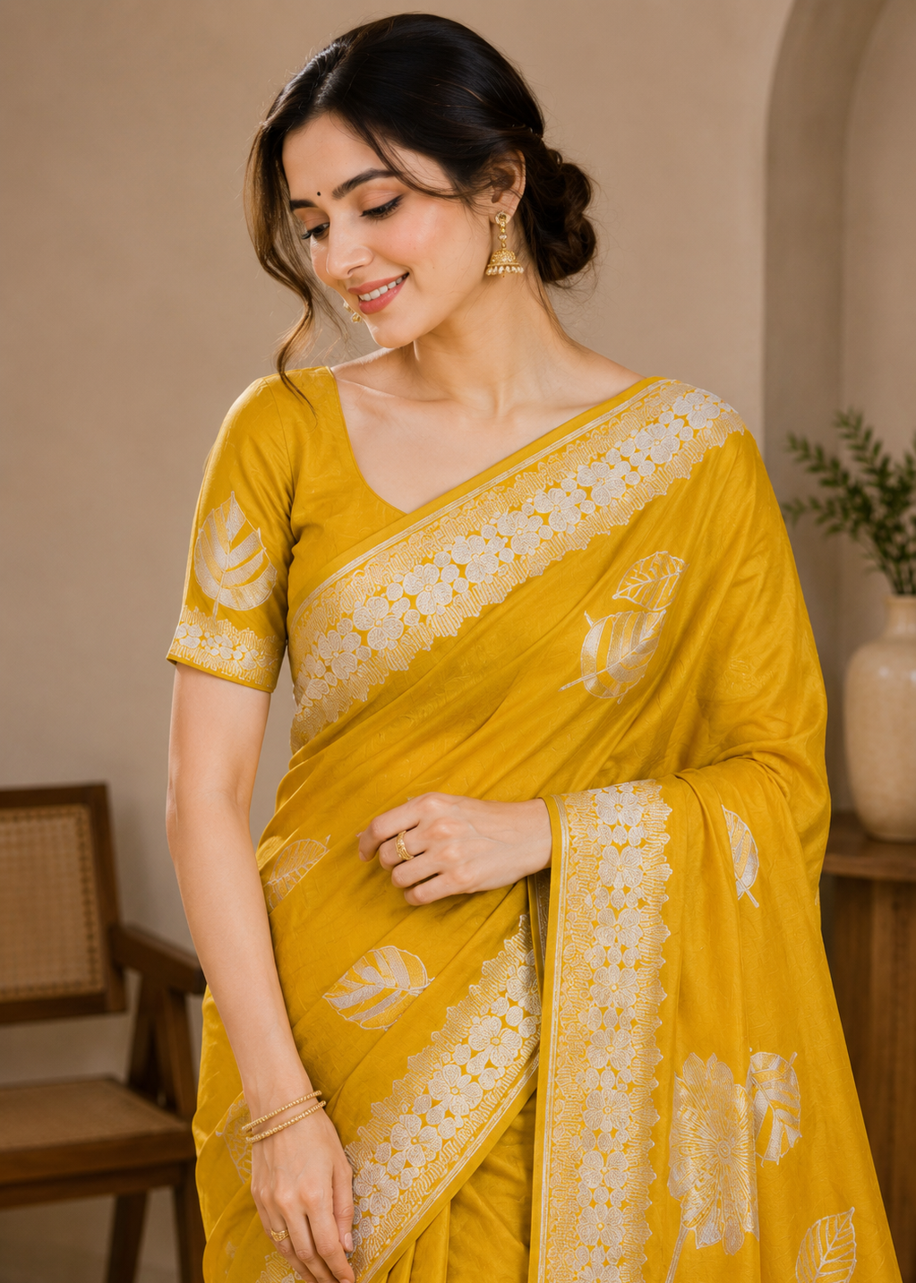 Sunlit Bloom Yellow Embroidered Viscose Silk Saree with Floral & Leaf Motifs