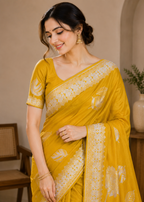 Sunlit Bloom Yellow Embroidered Viscose Silk Saree with Floral & Leaf Motifs
