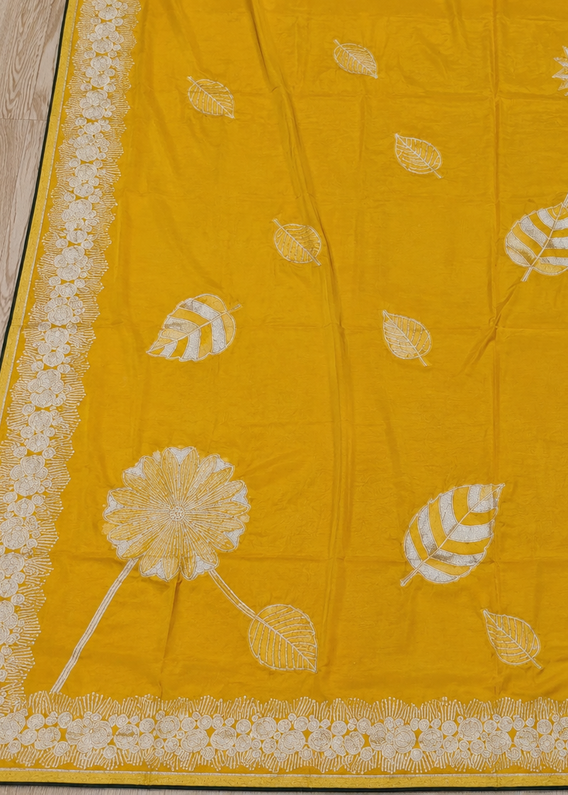 Sunlit Bloom Yellow Embroidered Viscose Silk Saree with Floral & Leaf Motifs