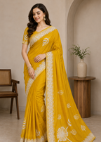 Sunlit Bloom Yellow Embroidered Viscose Silk Saree with Floral & Leaf Motifs