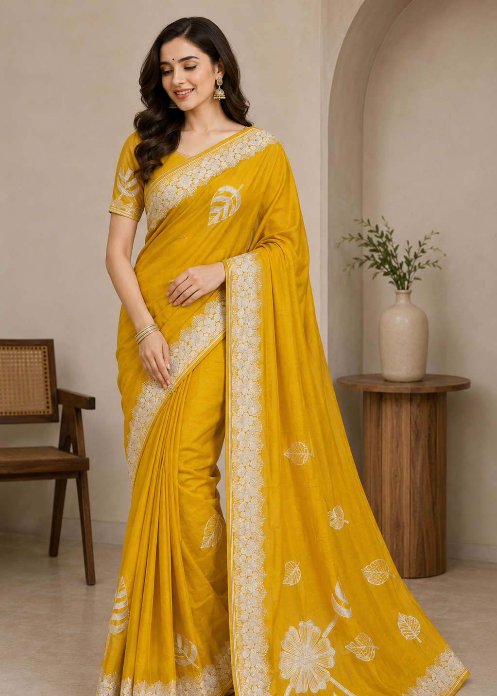 Sunlit Bloom Yellow Embroidered Viscose Silk Saree with Floral & Leaf Motifs