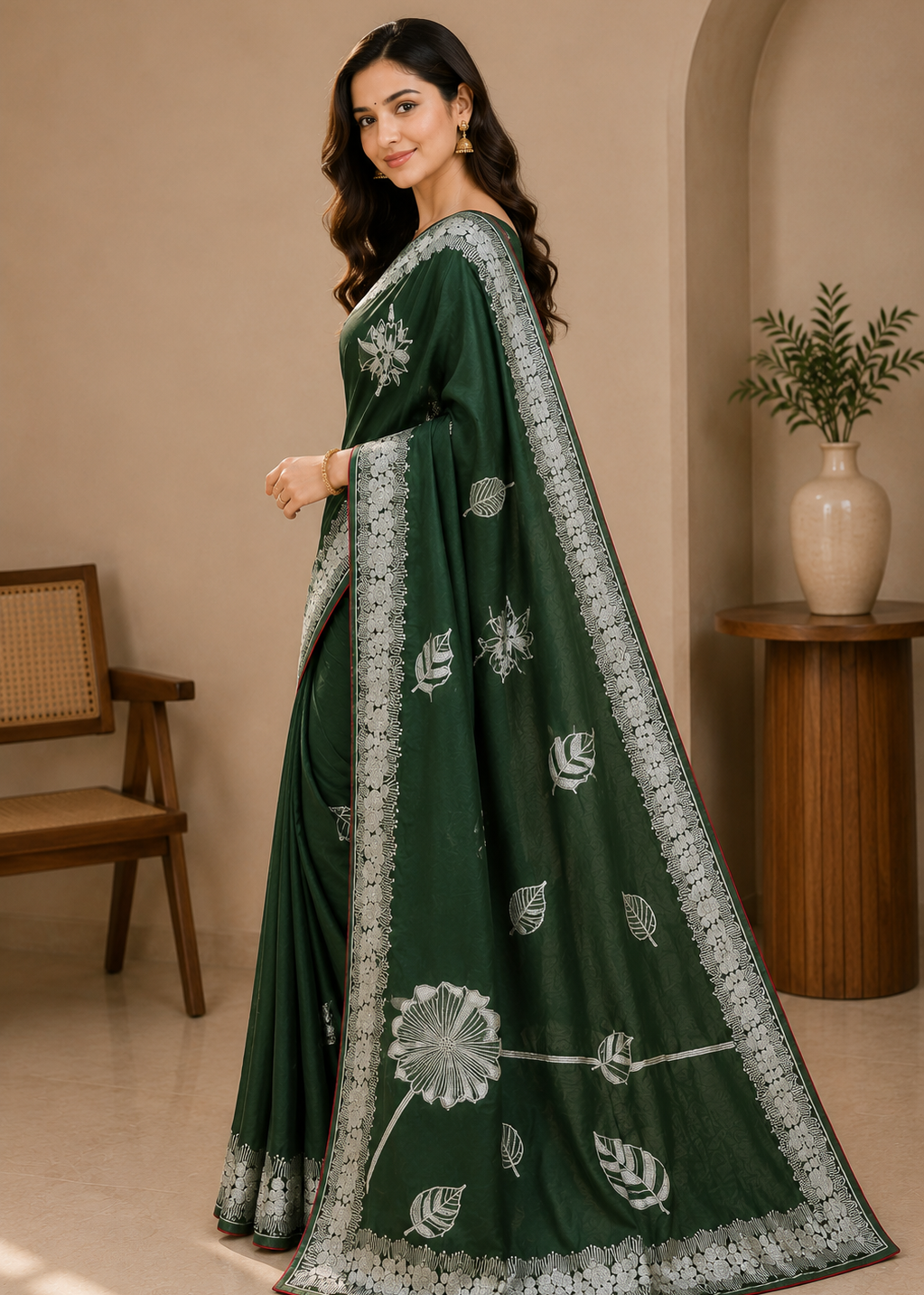 Emerald Bloom Green Silver Zari Embroidered Viscose Silk Saree