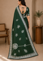 Emerald Bloom Green Silver Zari Embroidered Viscose Silk Saree