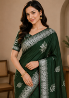 Emerald Bloom Green Silver Zari Embroidered Viscose Silk Saree
