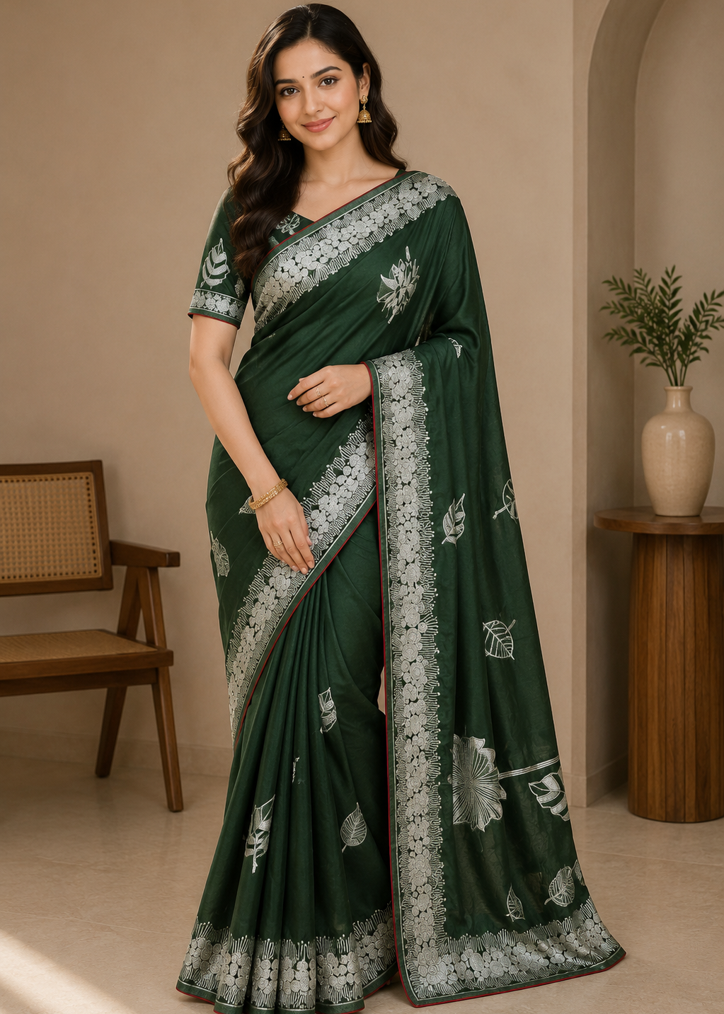 Emerald Bloom Green Silver Zari Embroidered Viscose Silk Saree