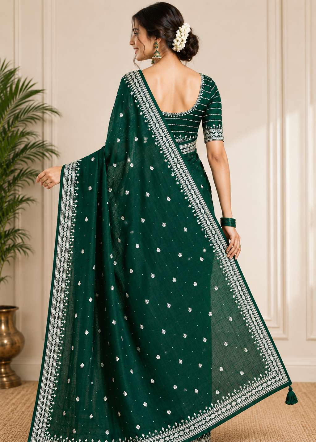 Emerald Grace Green Silver Zari Buti Georgette Saree