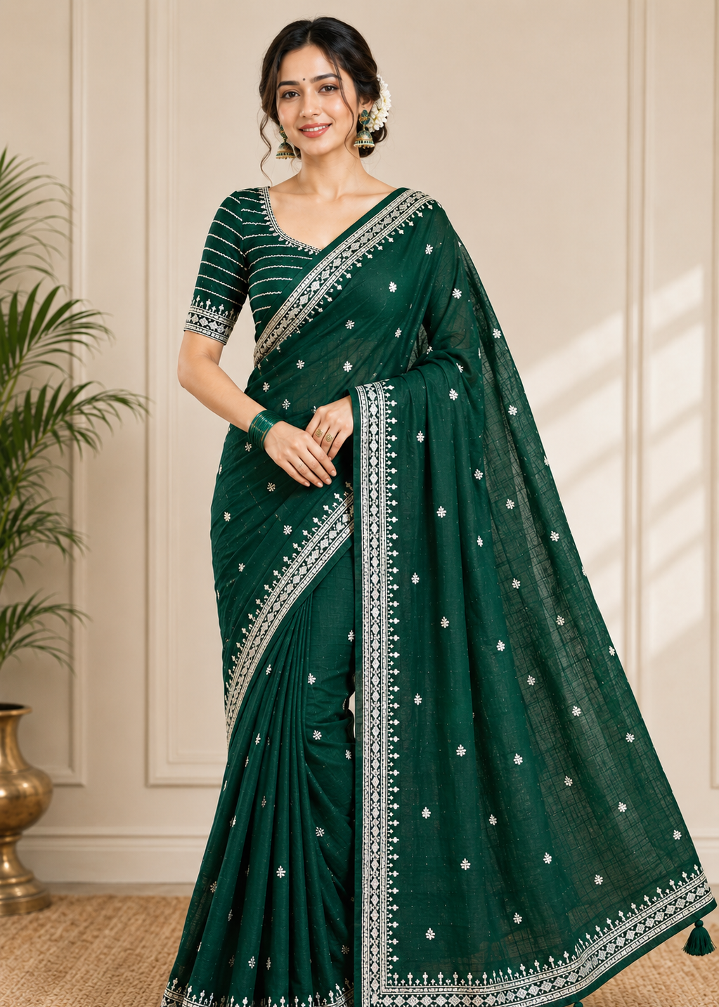 Emerald Grace Green Silver Zari Buti Georgette Saree