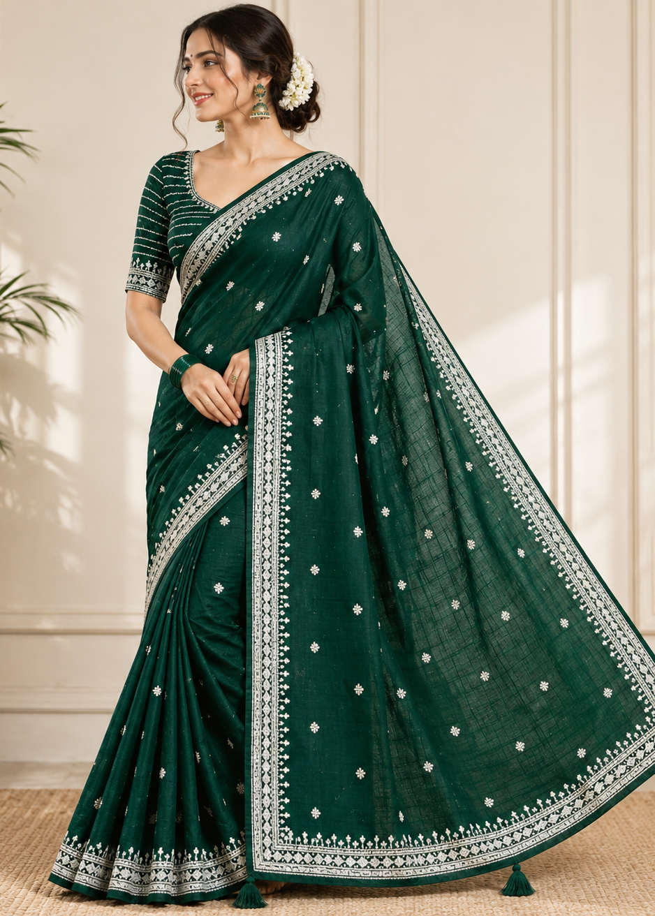 Emerald Grace Green Silver Zari Buti Georgette Saree