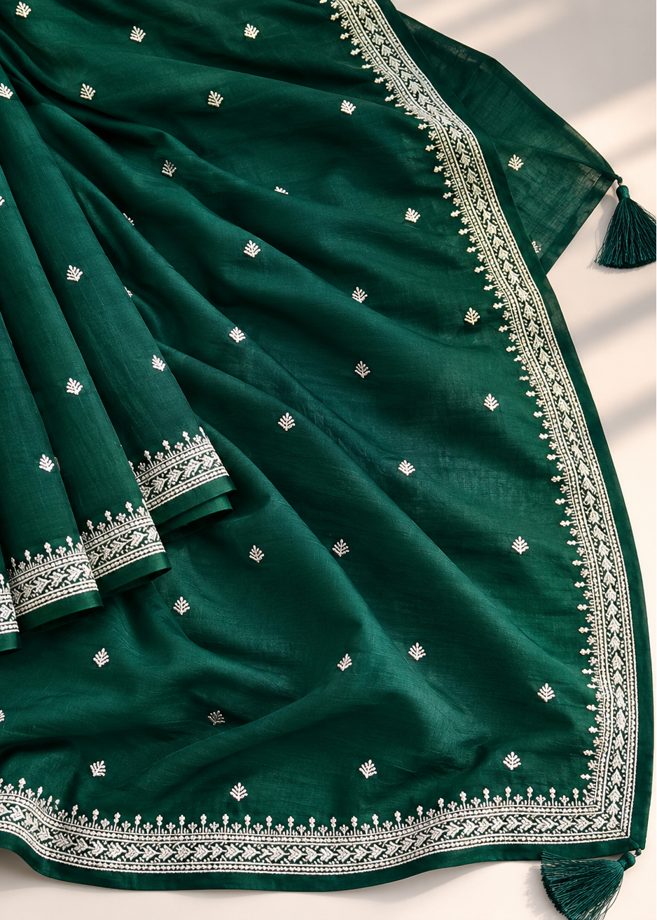 Emerald Grace Green Silver Zari Buti Georgette Saree