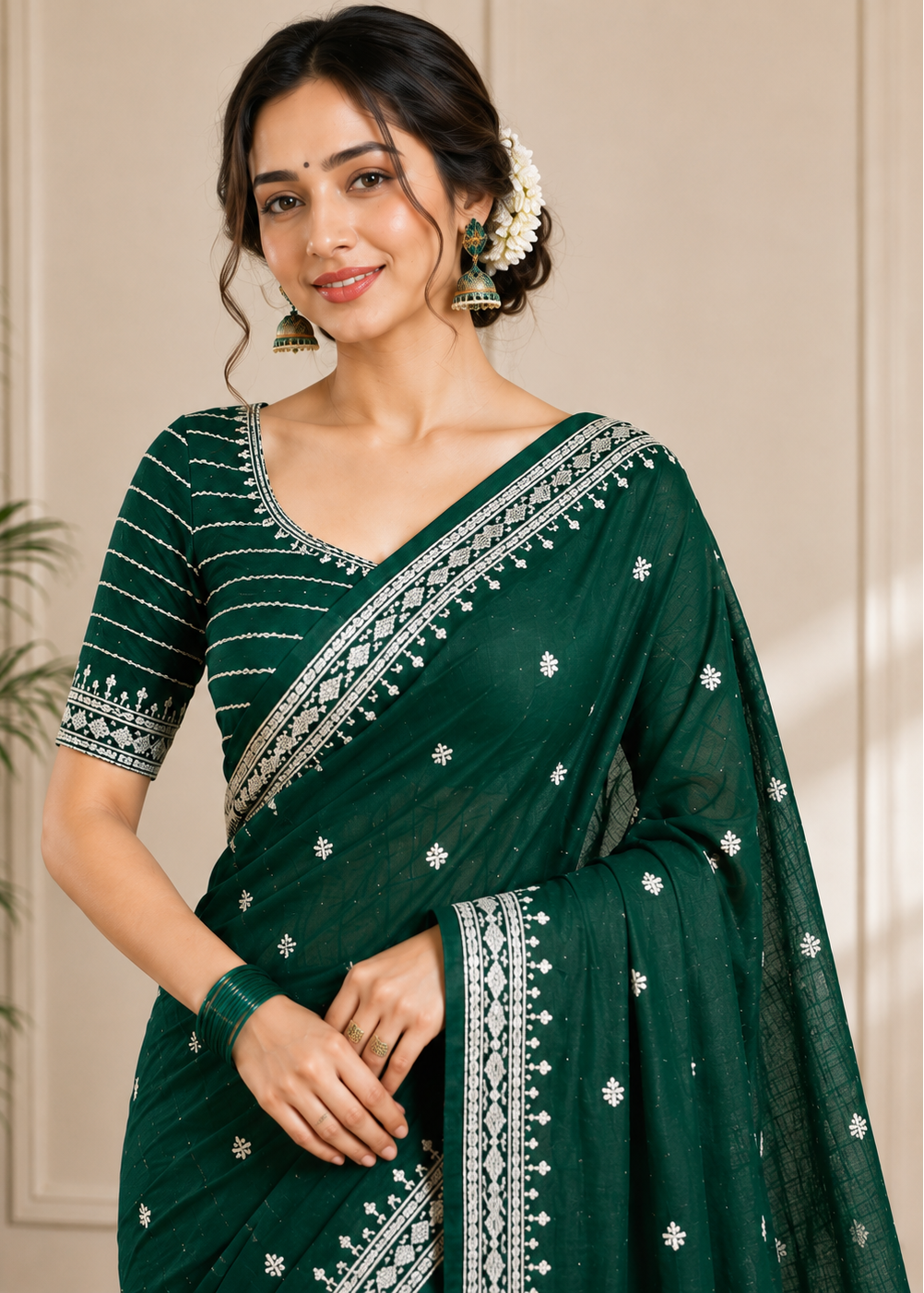 Emerald Grace Green Silver Zari Buti Georgette Saree