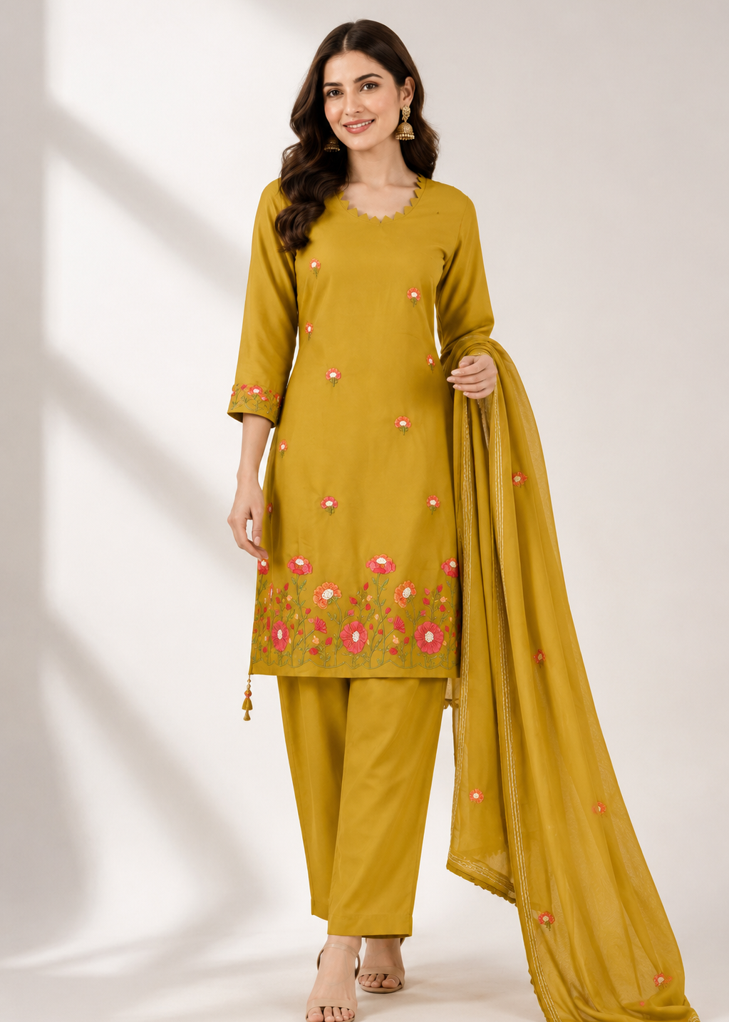 A woman modeling a mustard yellow ethnic three-piece suit with pink floral embroidery on the kurta and matching dupatta, set against a neutral studio background with soft window shadows.