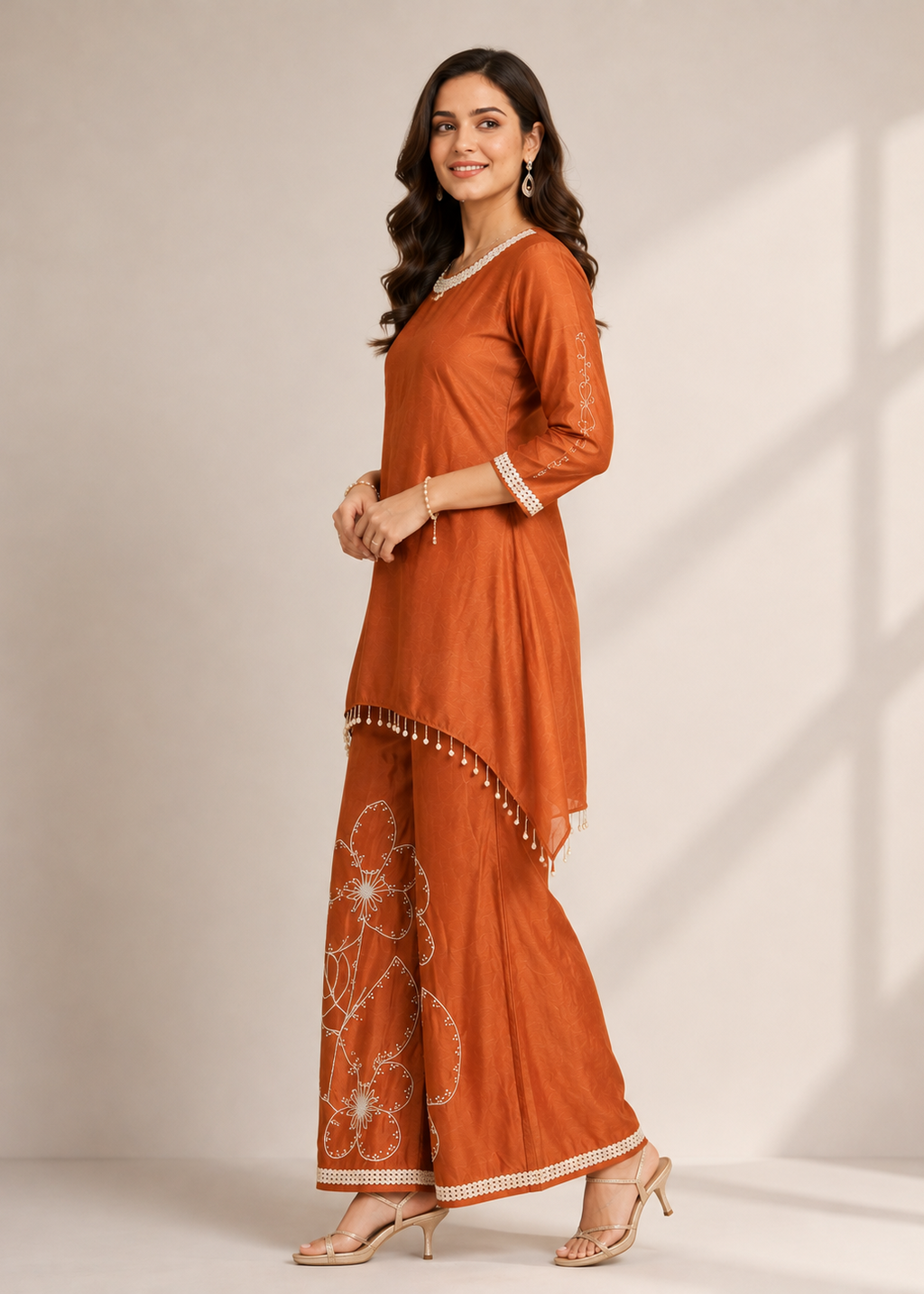 A woman modeling a rust-orange traditional Indian outfit with matching wide-leg pants, featuring white floral embroidery and gold accents, set against a neutral studio background with soft window shadow patterns.