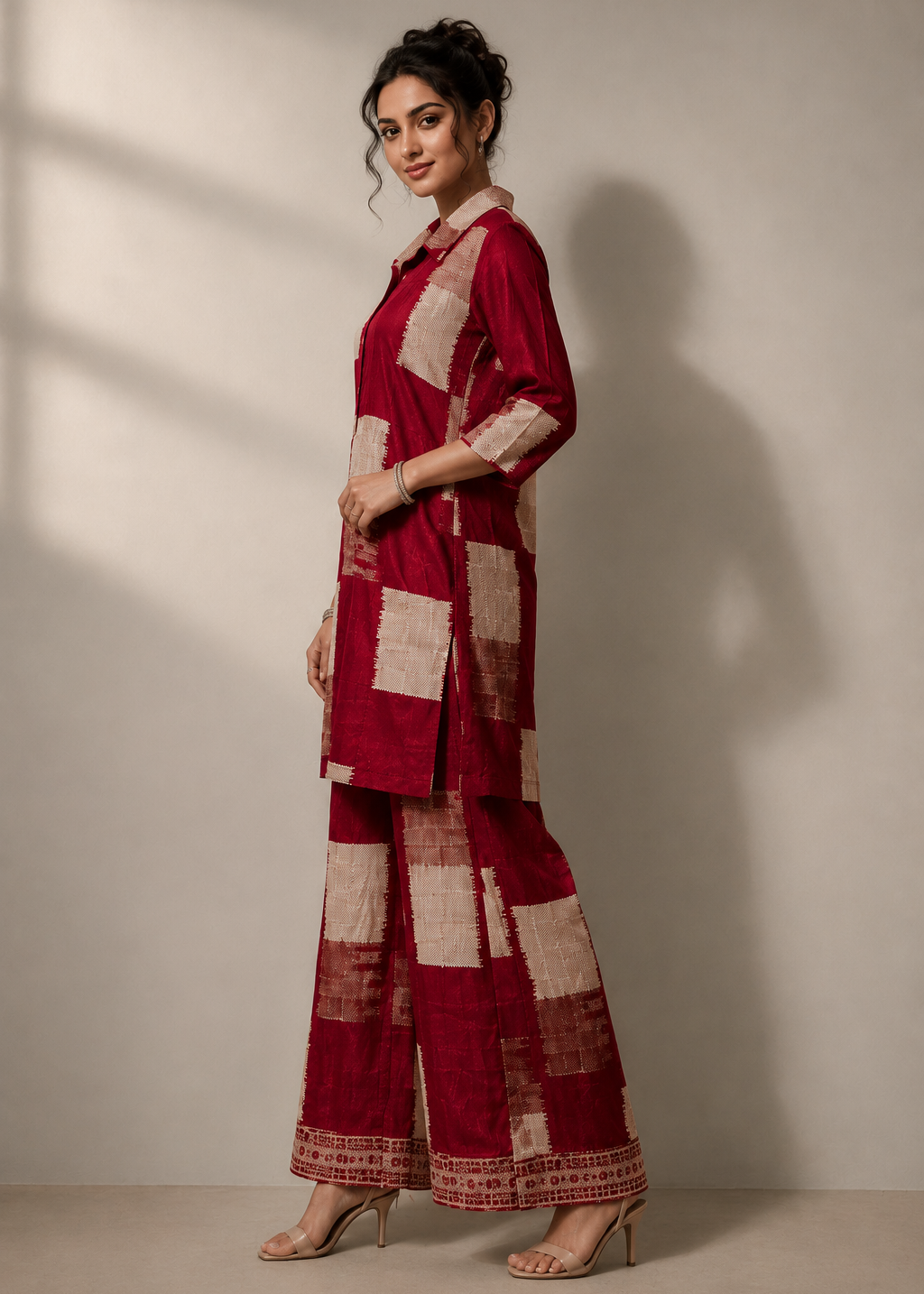A woman models a three-piece traditional Indian outfit consisting of a deep red kurta, matching wide-leg trousers, and a collared shirt. The garments feature a patchwork pattern of deep red and light beige blocks, with a decorative border on the trouser hems.