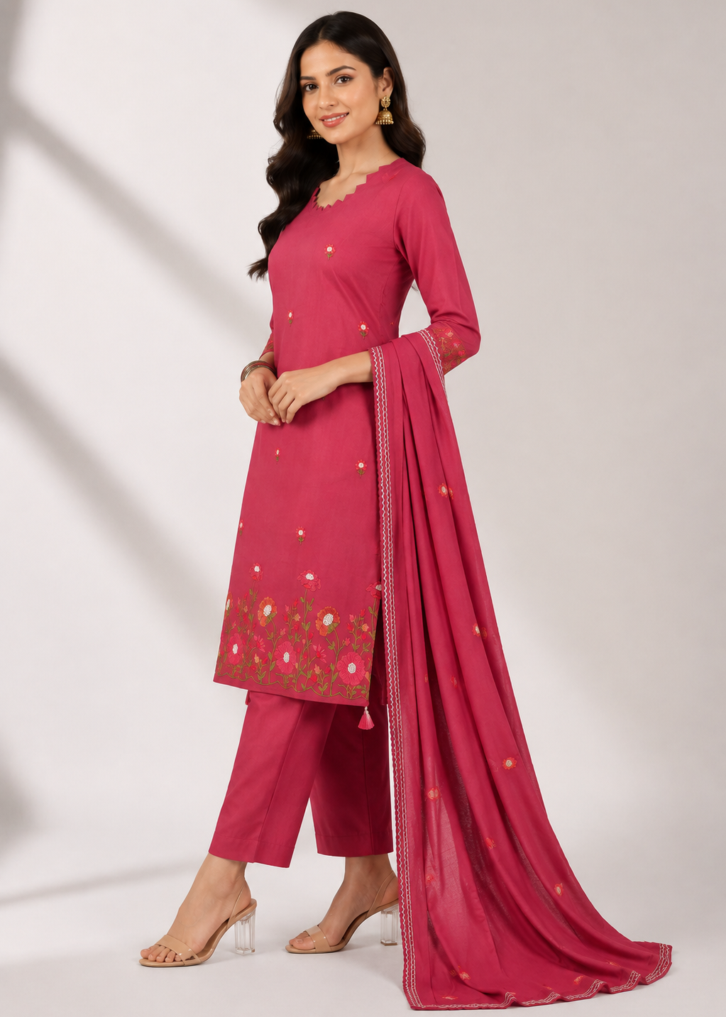 A woman models a three-piece salwar kameez suit in a vibrant magenta pink, featuring a long-sleeved embroidered kameez top, matching cropped trousers, and a sheer dupatta with gold and pink floral embroidery.